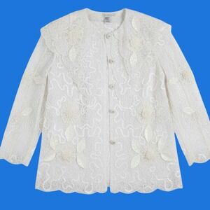 Mattina T. Vintage White Lace Skirt Suit Jacket Plus Size 24 Pearl Button Floral
